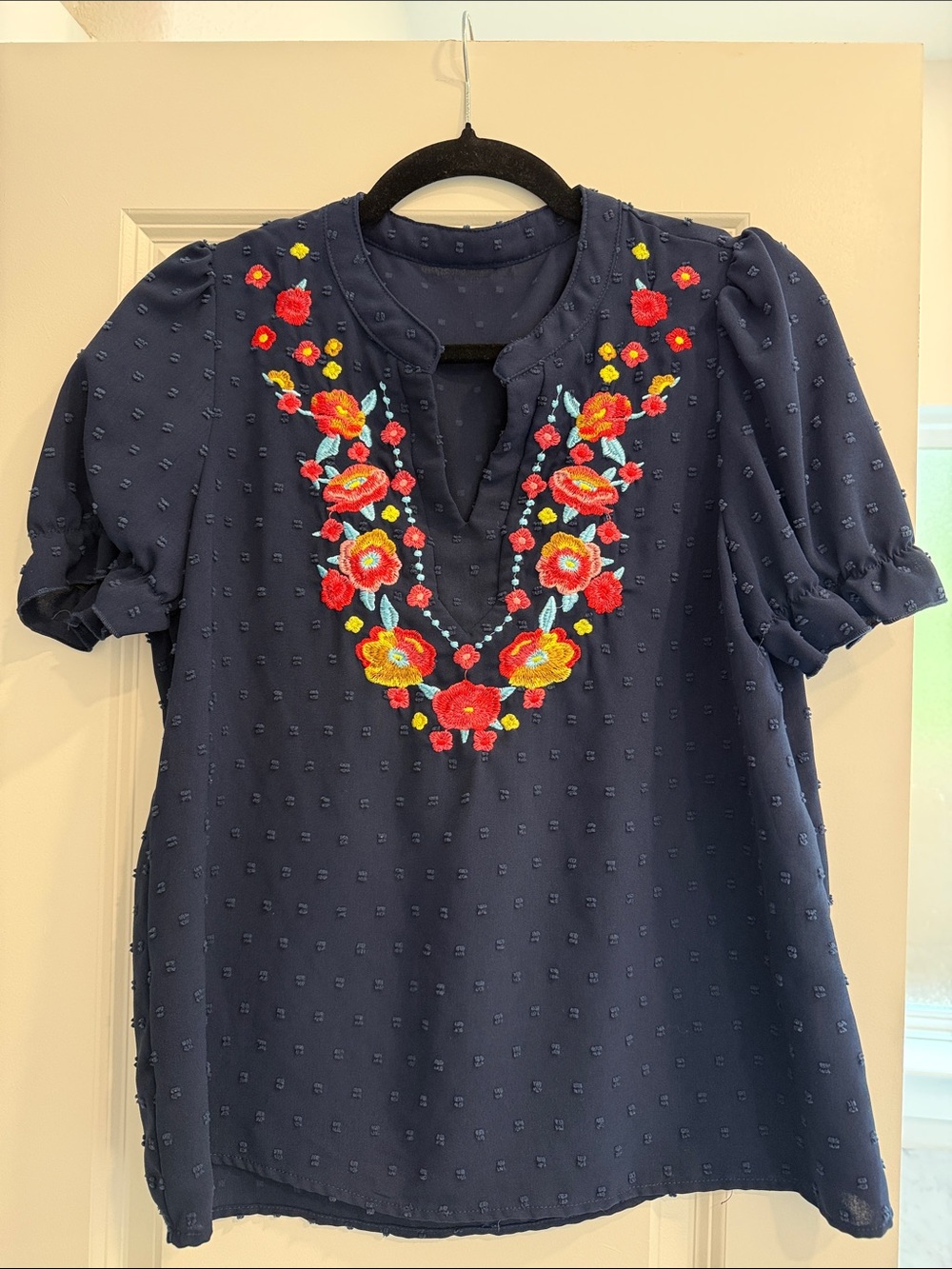 Embroidered Navy Floral V-Neck Women’s Top